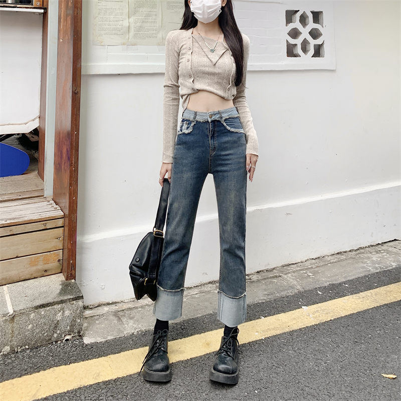 實拍#大碼女裝拼色設計感高腰梨型身材牛仔褲女顯瘦卷邊直筒褲