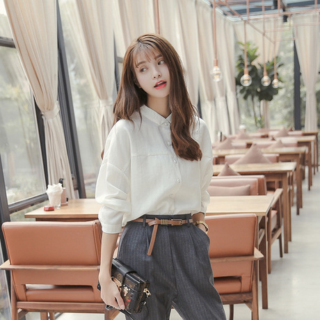 2024 spring and summer new Korean fresh college style simple casual versatile solid color shirt white shirt ins trend