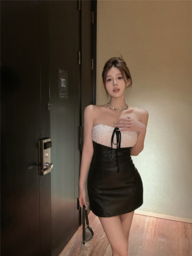Real shot ~ High-end sexy rose leather hip skirt for women in spring and summer pure lust hottie tube top skirt