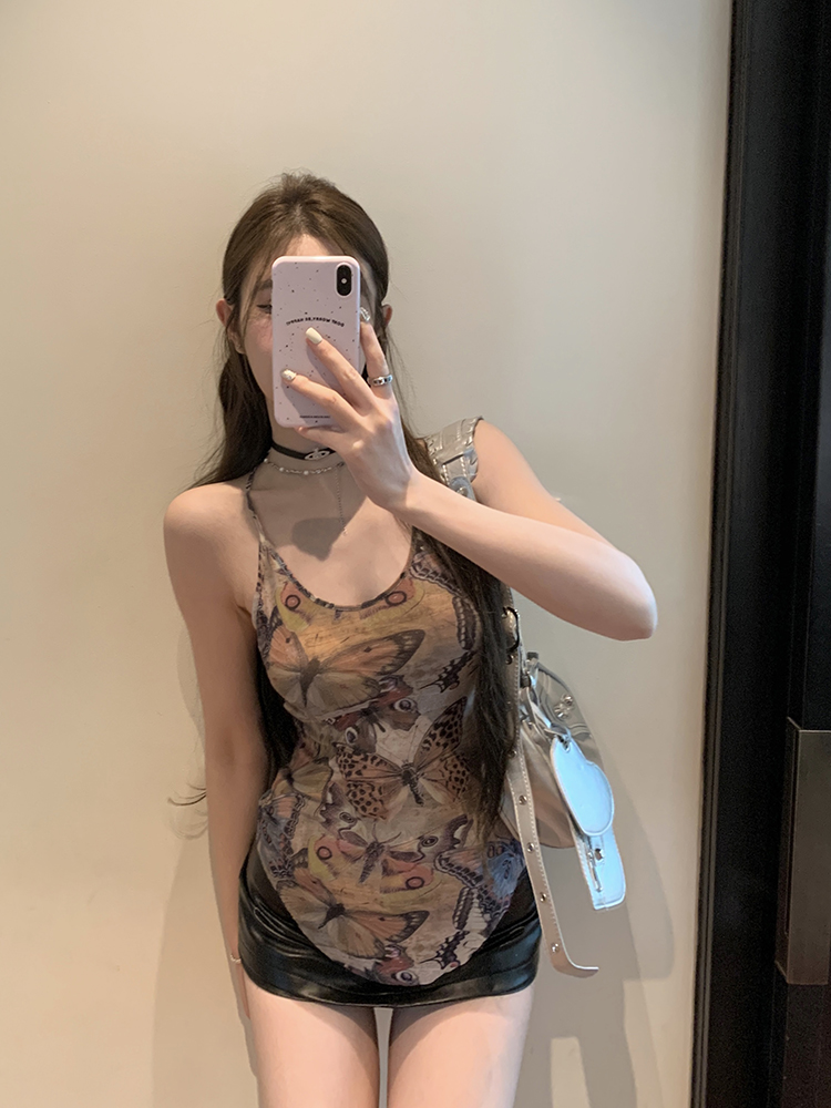 實拍 春夏新款性感甜辣網紗印花吊帶背心女