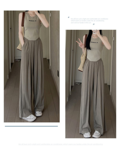 Apricot ice silk wide-leg pants for women in summer thin high-waisted casual Japanese style lazy style straight cotton and linen Yamamoto pants