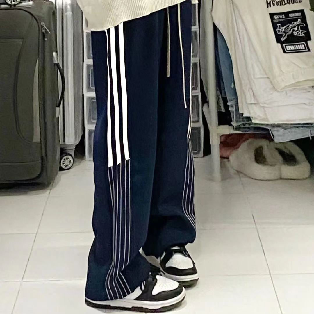 Navy blue casual sports pants for women 2024 new spring and summer trendy brand loose striped straight casual pants