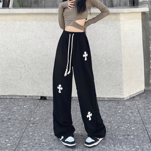 Real shot of American European and American casual pants for men and women ins Korean version high street cross embroidered wide leg pants