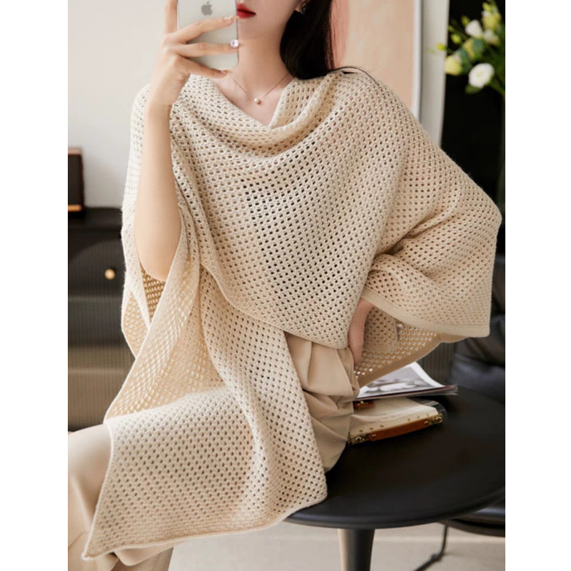 Internet celebrity cape shawl women's spring and summer solid color wool knitted cardigan with hollow scarf dual-purpose cape air-conditioning shirt