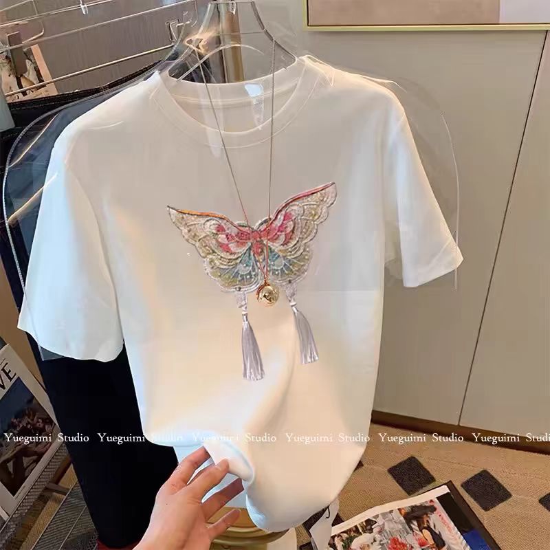 200g combed compact offspun pure cotton back strip Spring and summer loose right shoulder printed short-sleeved T-shirt