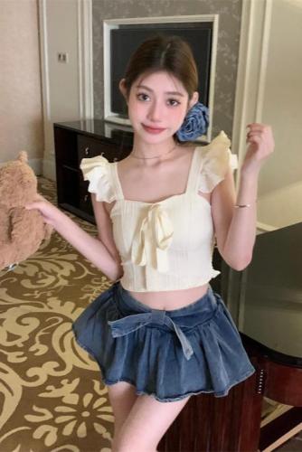 Actual shot French bow small flying sleeves Korean style sweet and versatile short back top with breast pads