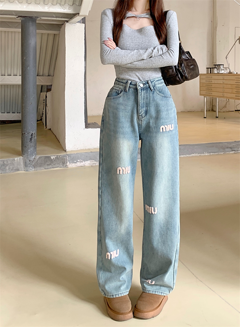 實拍~2024早春淺藍色刺繡直筒牛仔褲女高腰顯瘦拖地褲