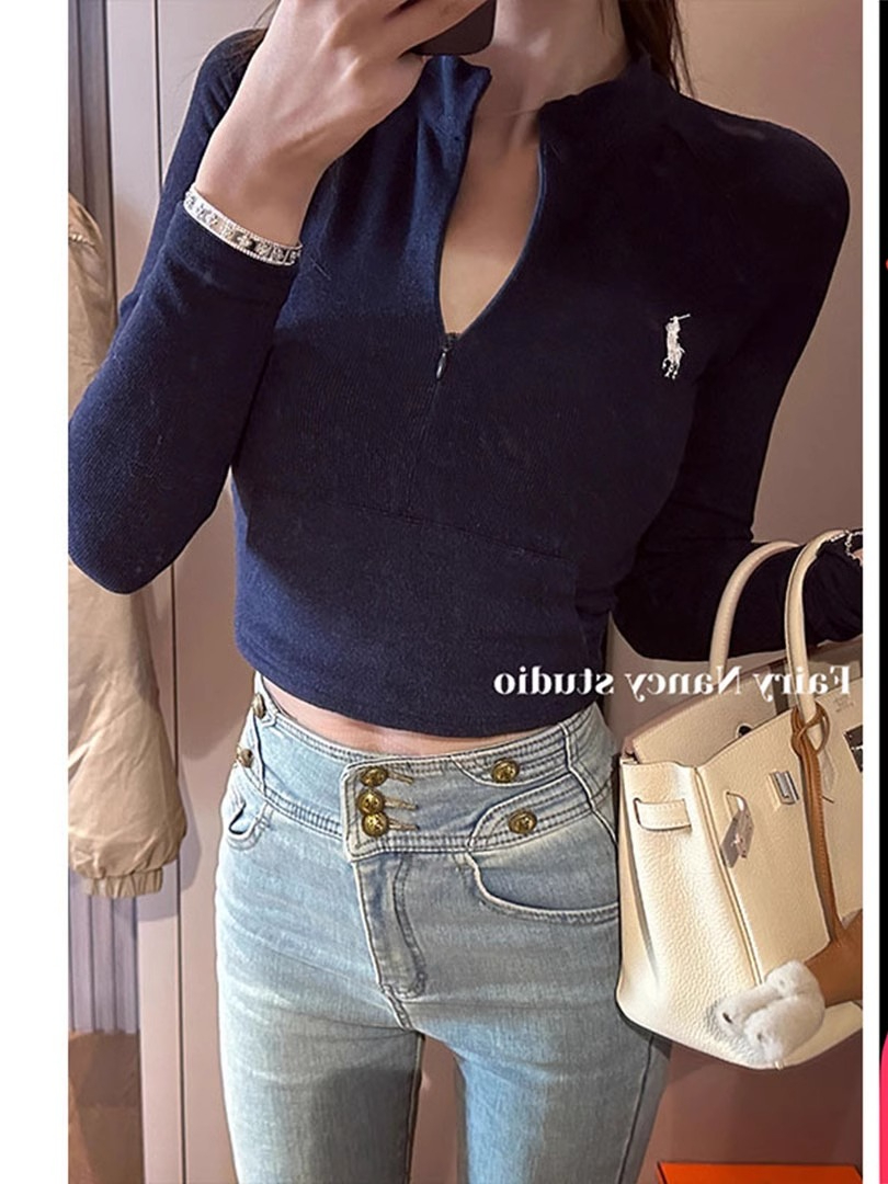 Official photo DeRong long-sleeved top Deer stone latte autumn and winter new stand-up collar zipper embroidered bottoming shirt