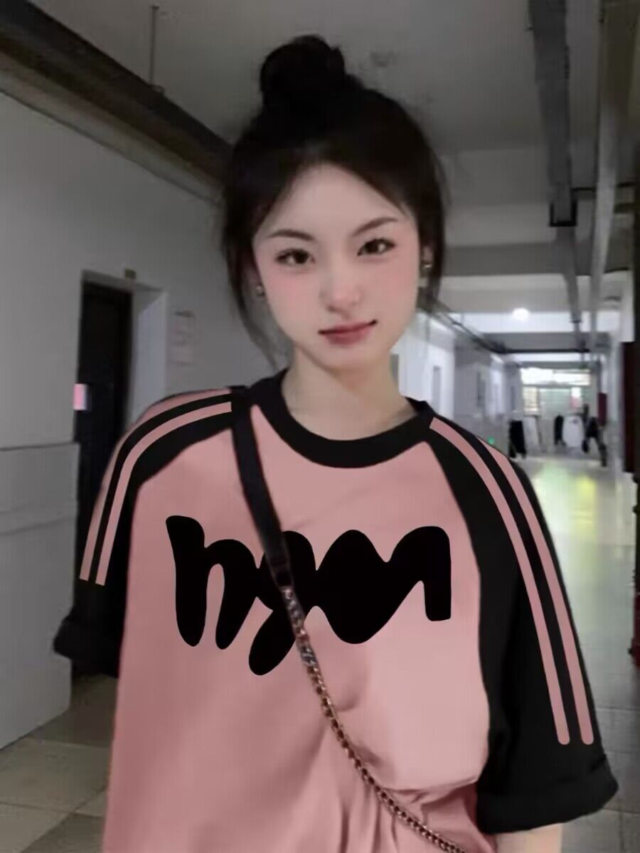 純棉200克21支精梳精密前 印花拼色三條槓落肩短袖t恤女