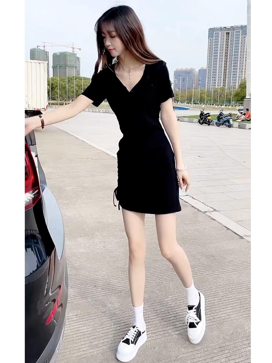 New style women's V-neck slim sexy hip-hugging dress, waist slimming and temperament, small summer short skirt