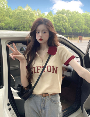 Real shot short-sleeved pullover loose printed letter zipper Polo collar short-sleeved knitted 2024 new top women's T-shirt