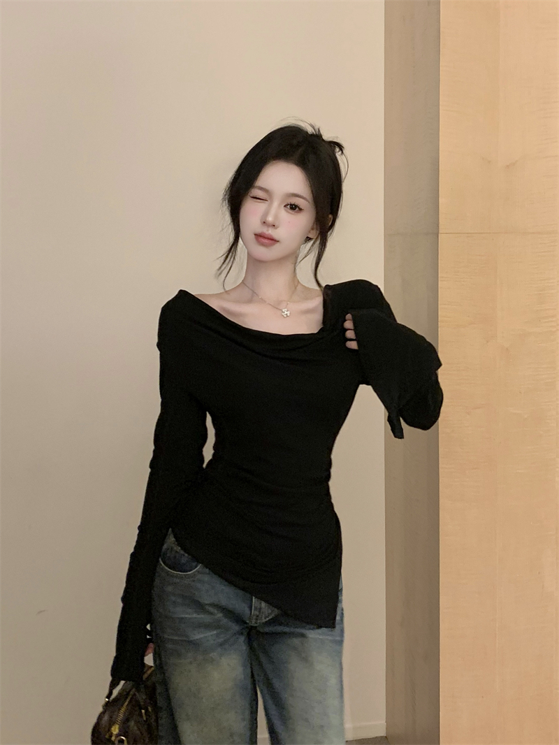 韓版不規則蕩蕩領一字肩t恤上衣女長袖春秋純色百搭超修身