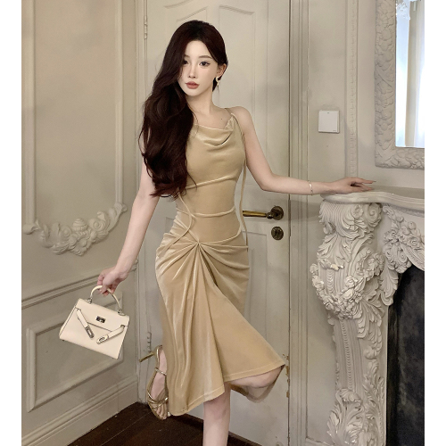 Actual shot of new women's French retro suspender pleated slim mid-length dress