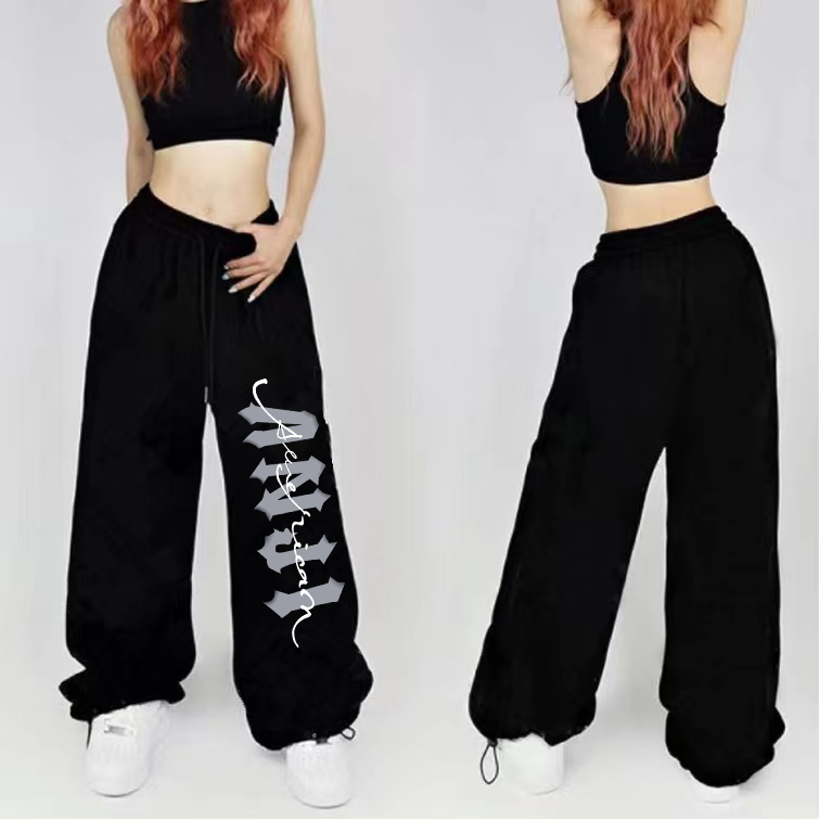 美式抽繩街復古hiphop運動爵士舞寬鬆直筒高腰印花休閒褲子女潮