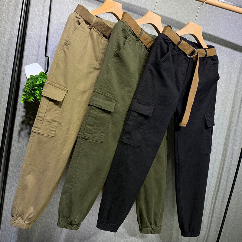 春秋夏新款純棉工裝褲女寬鬆蘿蔔束腳休閒褲高腰顯瘦學生百搭褲子