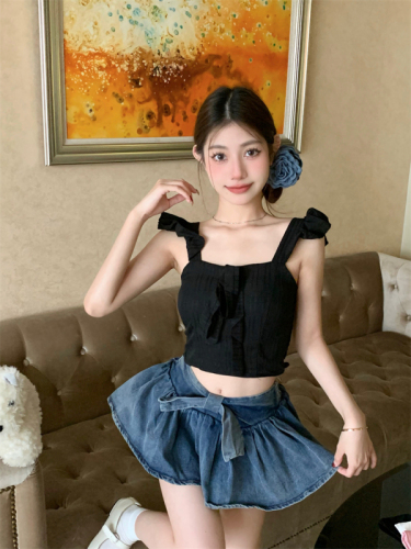 Actual shot French bow small flying sleeves Korean style sweet and versatile short back top with breast pads