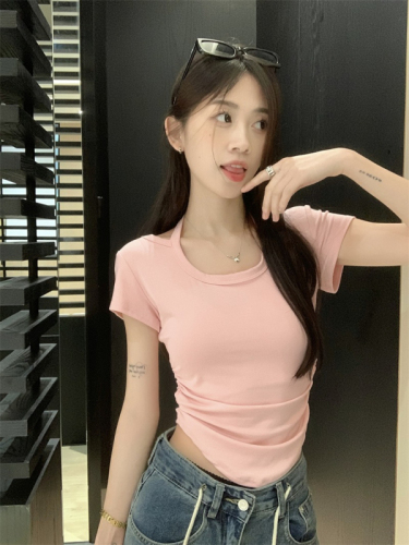 Official Photo Hot Girl Lace-Up Halter Short-Sleeve Right Shoulder Women's T-Shirt Summer Design Irregular Short Pleated Top