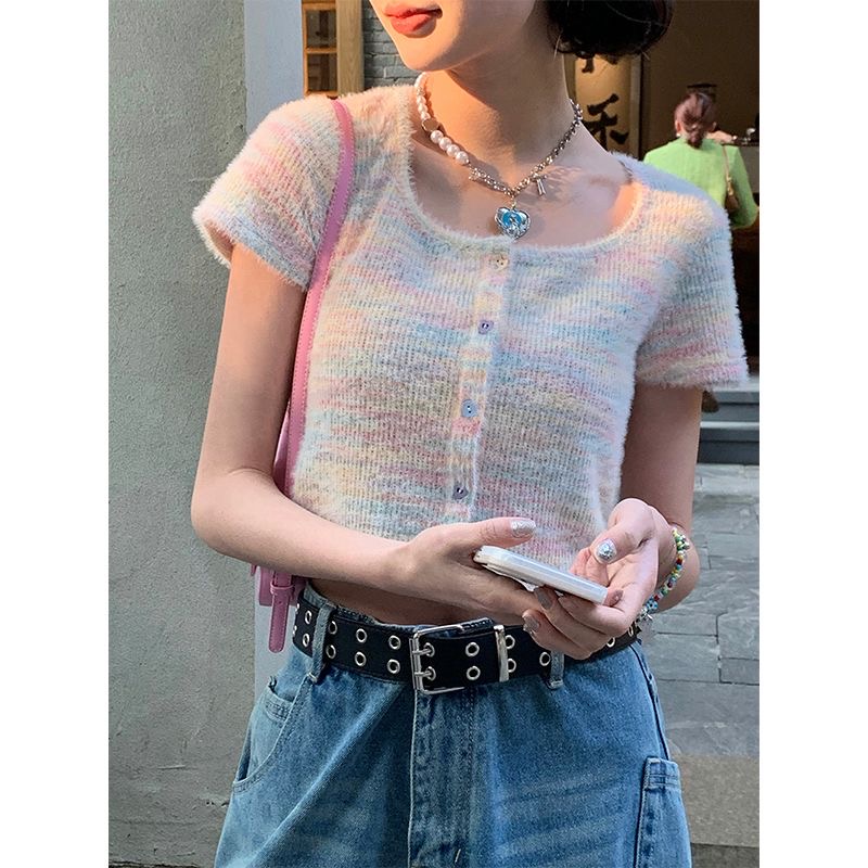 彩虹色針織衫短袖T恤女裝夏季新款甜美辣妹小眾顯瘦收腰短款上衣