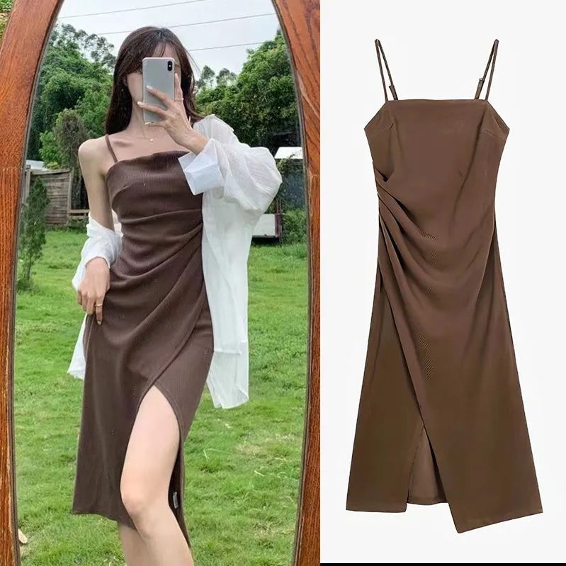 2024 new spring black suspender skirt season female Hepburn style goddess style slit mid-length suspender skirt