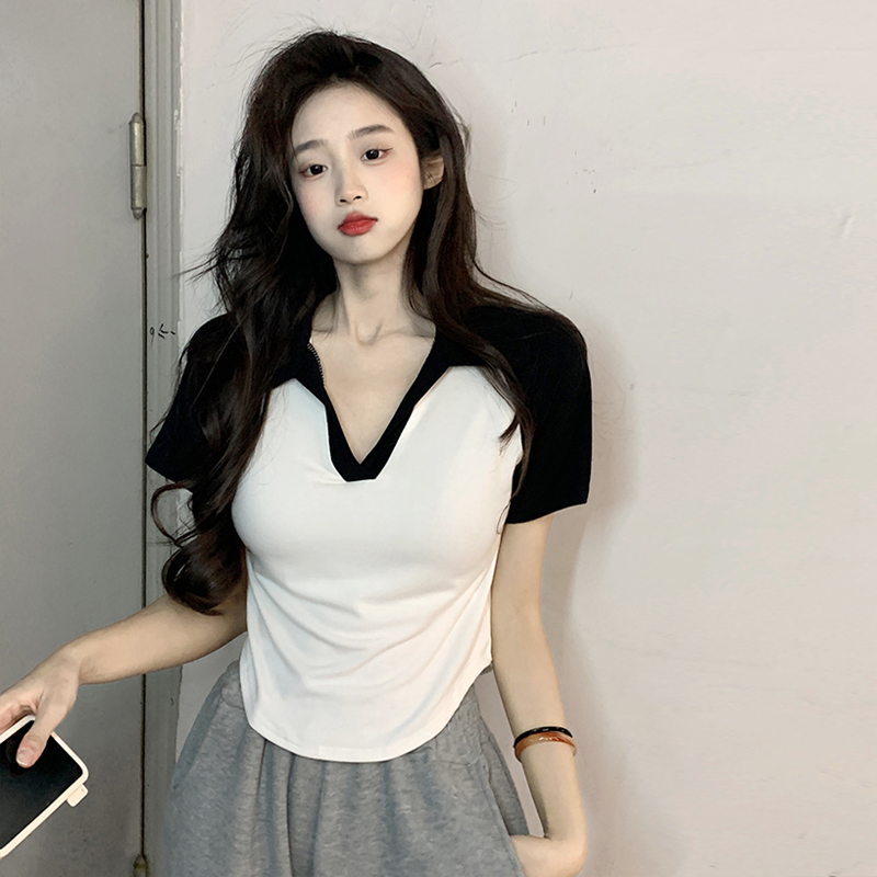 美式Polo領正肩T恤女短袖夏季設計感小眾插肩袖別致甜辣短款上衣