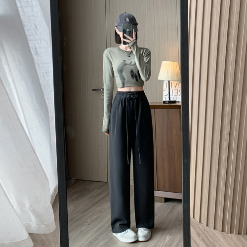 Real shot CVC Minnie wide-leg pants for women spring and autumn strappy sports pants high-waist drape straight casual pants
