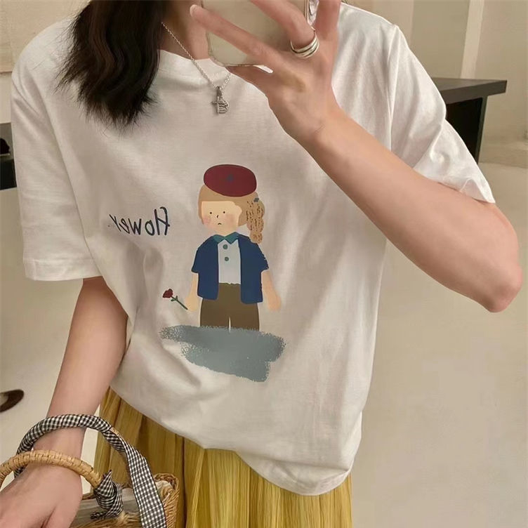 日系復古撞色印花插畫女孩寬鬆減齡圓領套頭短袖T恤女