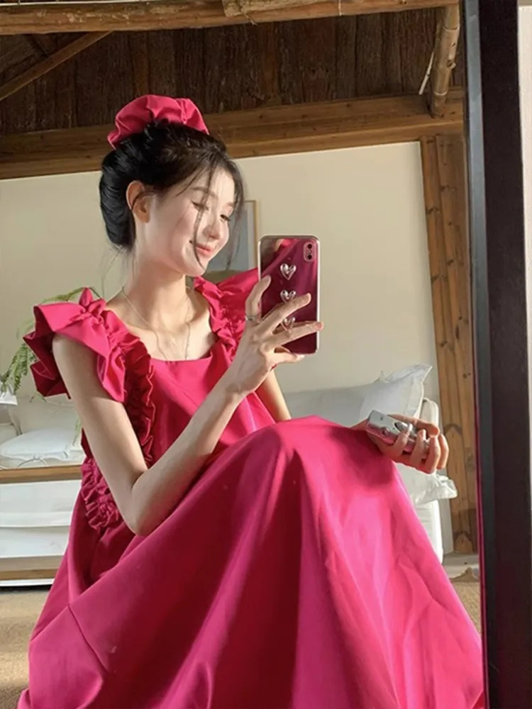 小飛袖玫紅色無袖方領連衣裙女夏季2024新款性感露背修身顯瘦裙子