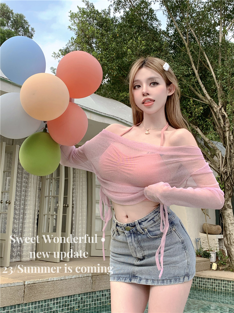 實拍 細閃小心機微透紗抽繩上衣T恤掛脖吊帶背心女兩件套