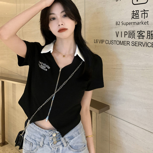 Short zipper top, summer sweet and spicy, slimming, covering irregular belly, polo collar short-sleeved T-shirt for women