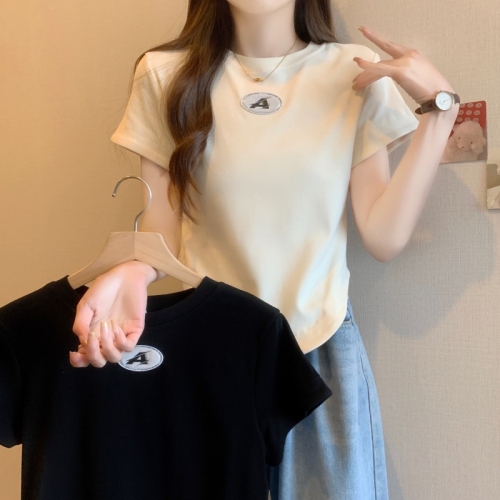 美式小个子立体装饰短袖t恤女夏季vintage设计感小众弧形圆领上衣