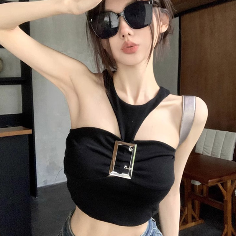 官圖 純欲風辣妹金屬扣掛脖背心女春夏露背無袖小吊帶上衣