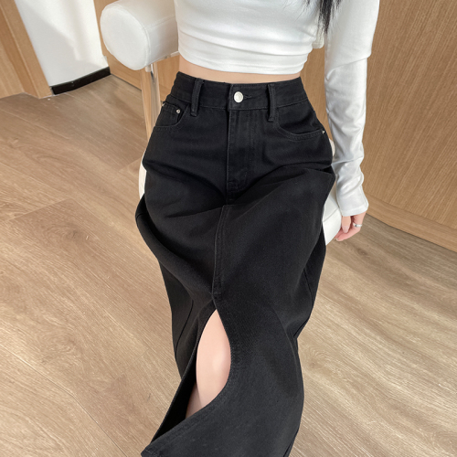 Black slit denim skirt for women summer new high-waist slimming mid-length a-line hip skirt for small people