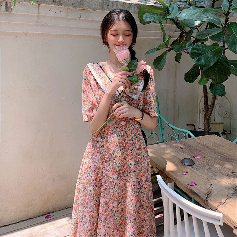 復古蕾絲花邊連衣裙森系碎花小清新韓版ins法式小眾桔梗中長裙夏