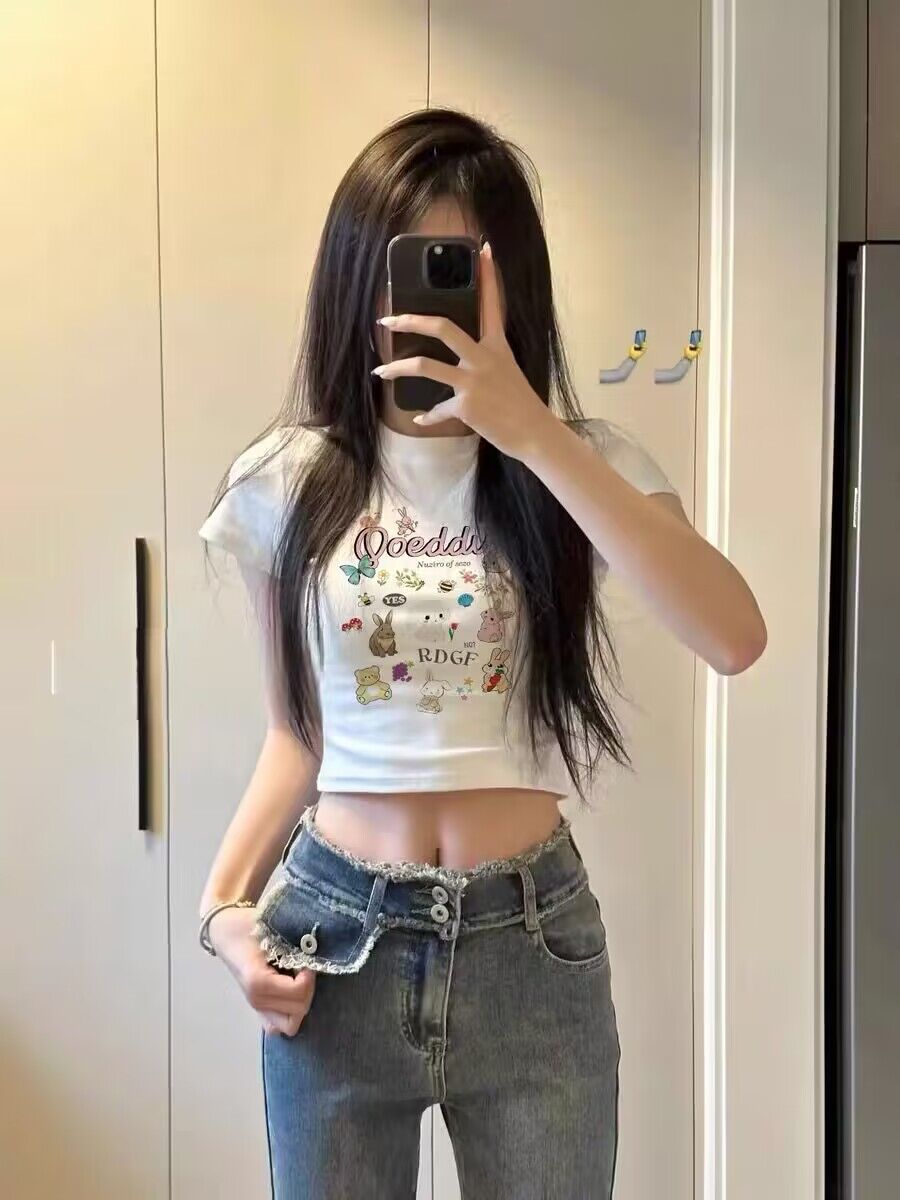 辣妹高腰短款純棉修身顯瘦園領緊身上衣