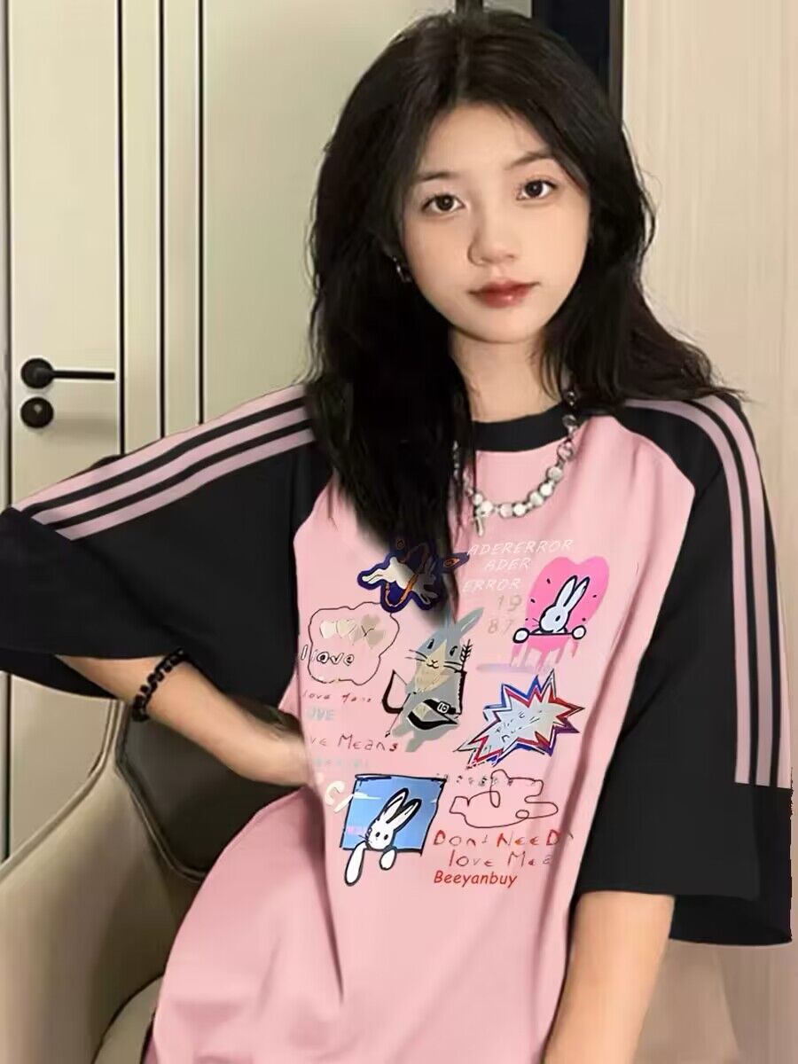 純棉200克21支精梳精密前 印花拼色三條槓落肩短袖t恤女