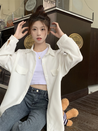 Actual shot Korean style spring new brushed shirt white niche temperament shirt long-sleeved top for women
