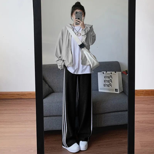 502# American gray striped sports pants for women autumn and winter new casual sports wide leg pants for women