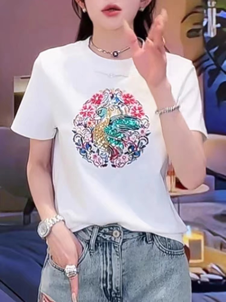 國風刺繡亮片短袖t恤女2024新款夏季正肩寬鬆顯瘦半袖體恤上衣潮