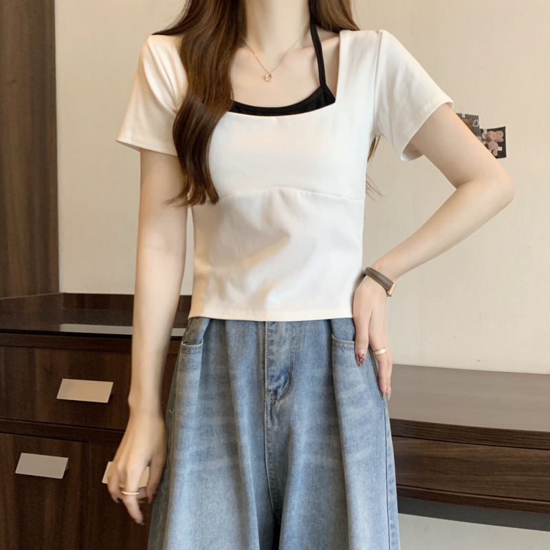 辣妹風假兩件短袖t恤女夏季設計感小眾修身顯瘦掛脖短款獨特上衣