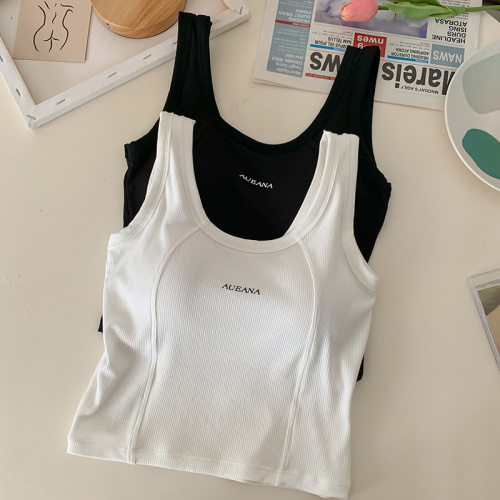 Real shot of short navel-baring pure cotton letter vest with chest pads, slim, sexy and beautiful back wear, versatile suspender underwear for women