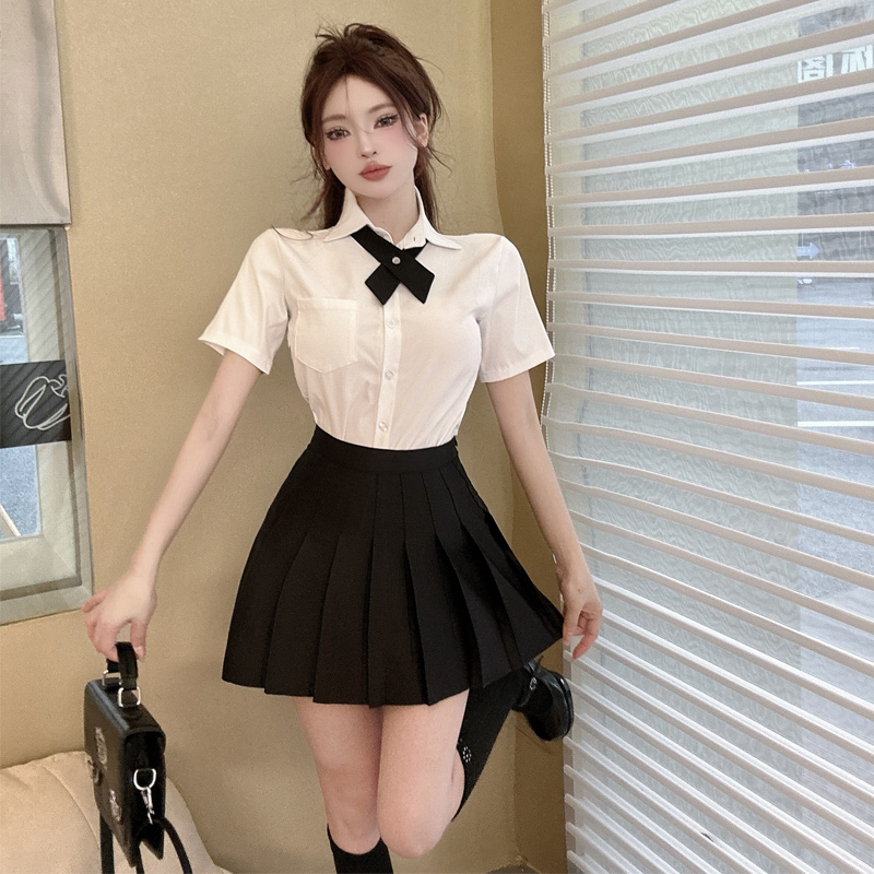 日系短袖女白襯衫學院風襯衣jk制服套裝校服學生畢業班服工作服