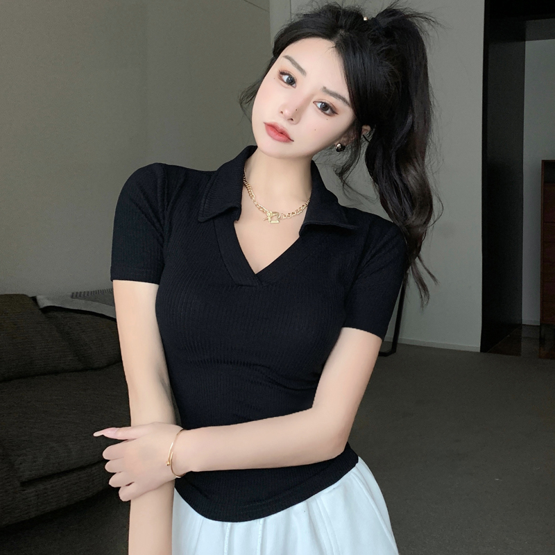 Real shot of summer Korean style hot girl V-neck slim polo shirt women's right shoulder short-sleeved bottoming pure cotton T-shirt short top