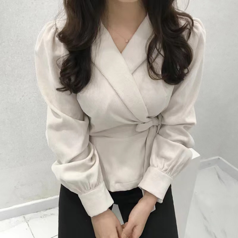 韓國chic春秋法式復古西裝領側邊系帶收腰顯瘦純色泡泡袖襯衫上衣