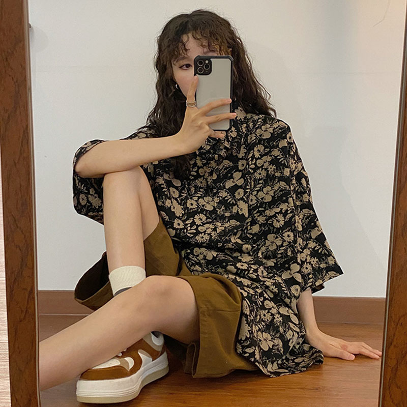 Four-sided elastic printed Hong Kong style floral short-sleeved shirt for men, American retro loose design beach shirt