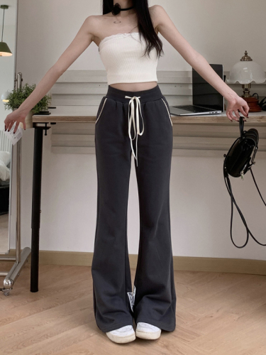 Actual shot of bow-printed bootcut trousers, slim fit, lazy knitted floor-length casual bell-bottom trousers for women