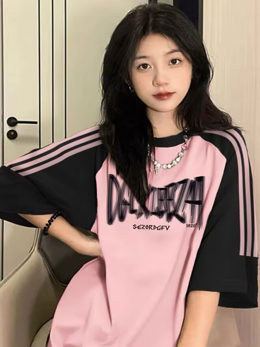 純棉200克21支精梳精密前 印花拼色三條槓落肩短袖t恤女
