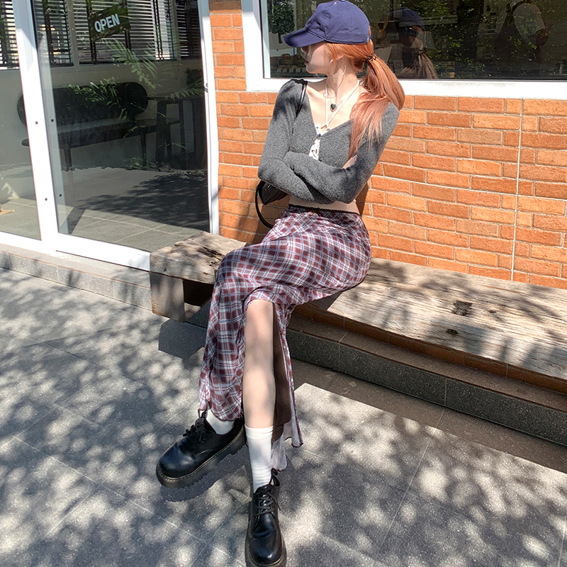 實拍Won Youngig博主少女日記簿｜彈力藍青格紋美式復古長裙