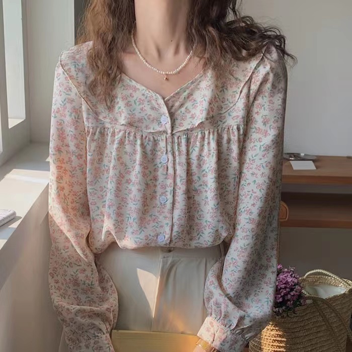 早春顯瘦碎花娃娃領天貓長袖襯衫上衣