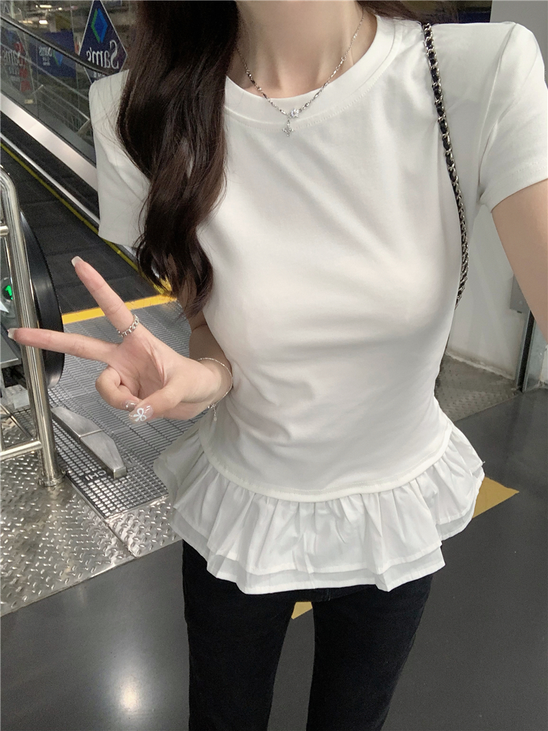 實拍  春新款設計感蓬蓬裙拼接修身顯瘦內搭上衣短袖T恤