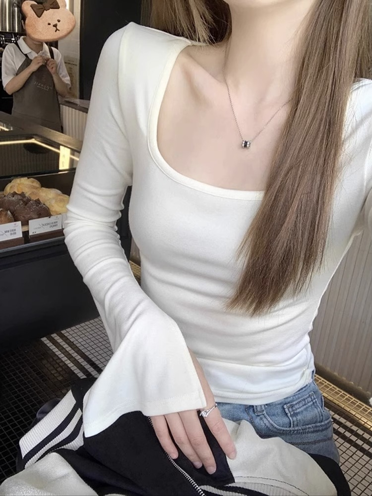 Xiaoxiangfeng Square Neck Trumpet Sleeve T-shirt Women Spring and Autumn 2024 New Small Short Slim Fit Bottoming Long Sleeve Top